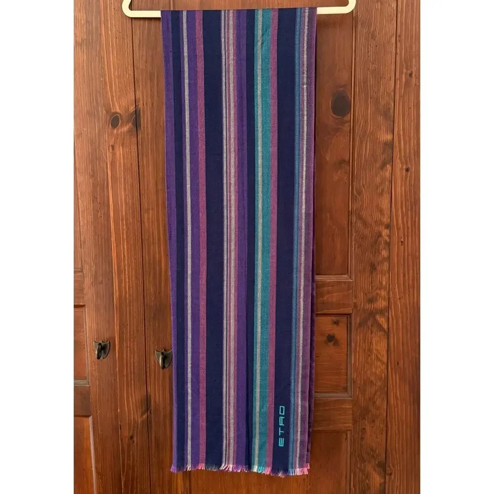 ETRO Italy Striped Scarf Purple Teal Wool Silk Cashmere Fringe Embroidered Logo
